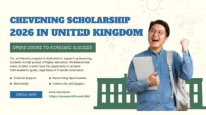 Career banner for the Chevening Scholarship 2026 in the United Kingdom. The image features a smiling student with a laptop and backpack celebrating against a cream background with hand-drawn academic doodles. It lists benefits like financial support, mentorship, and networking opportunities.