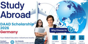 Promotional banner for the DAAD Scholarship 2026 in Germany. The image features a wide-angle view of the Reichstag building's glass dome in Berlin, text reading "DAAD Scholarship 2026 in Germany – Fully Funded," the DAAD logo, and One World Travel branding.
